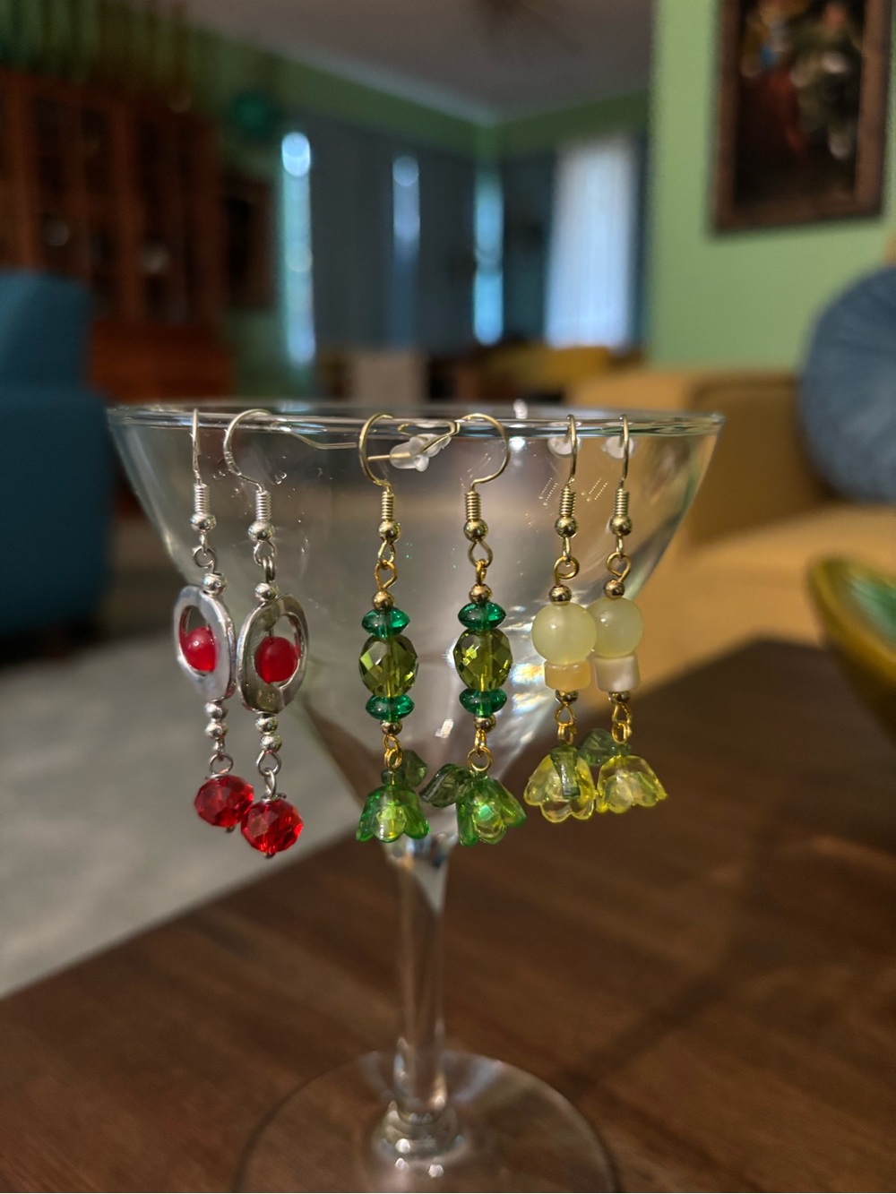 Handmade Red and Green Beaded Drop Earrings - Women Jewelry